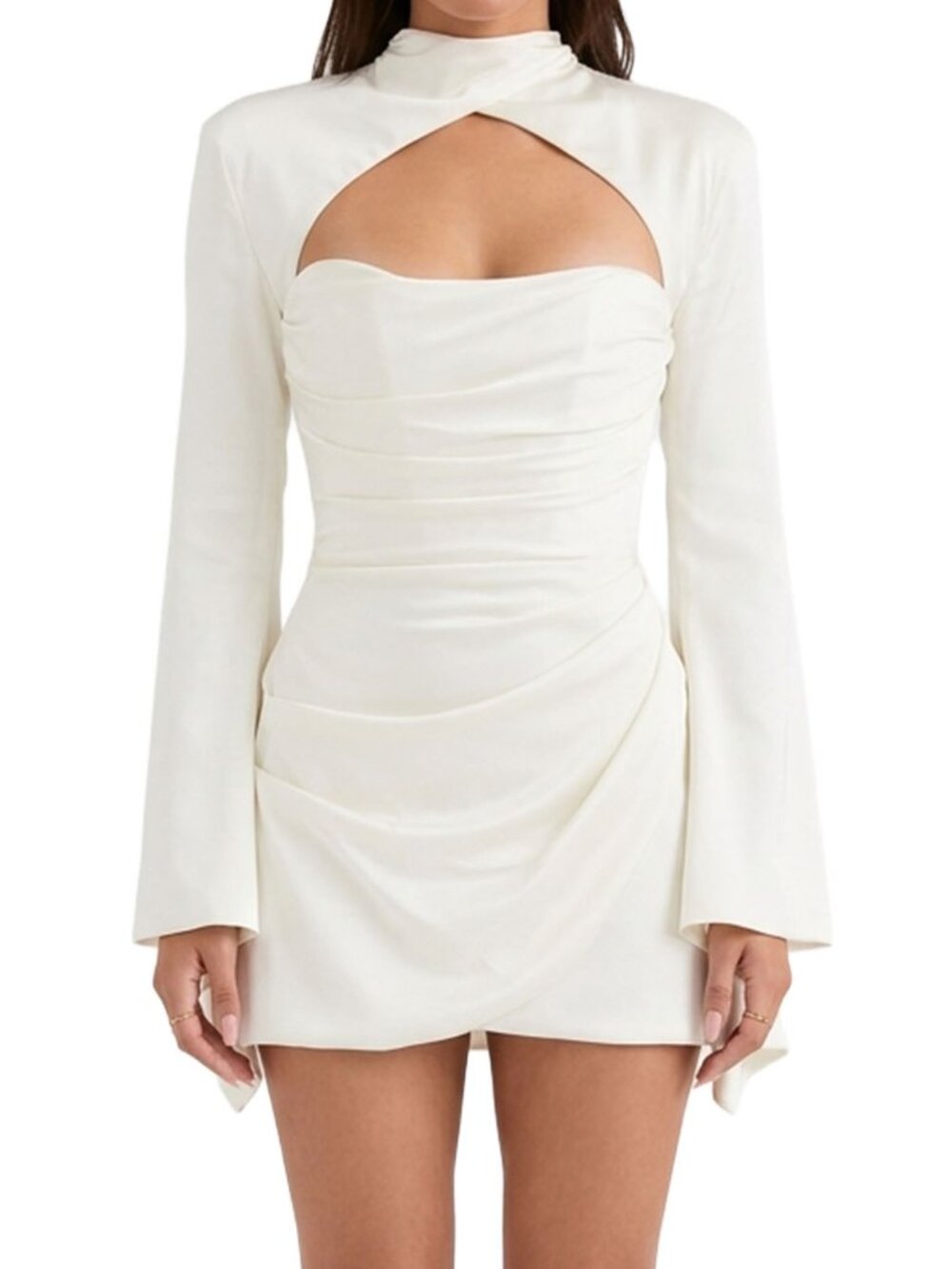 House of CB Toira Ivory Fraped Satin Corset Mini Dress Long Sleeve L